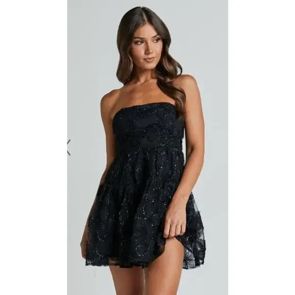 Showpo. | Dresses | Nwt Showpo Black Strapless Floral Detail Lace Fit And  Flare Marziy Dress Women 6 | Poshmark